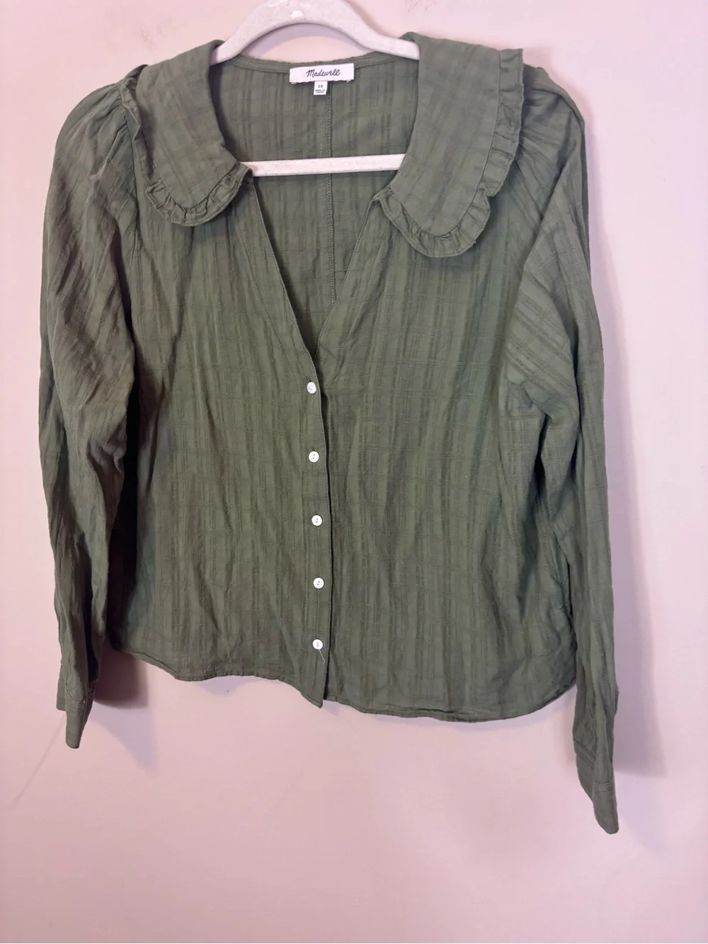 Madewell Olive Green Ruffled Peter Pan Collar Button-Up Blouse Women’s 10